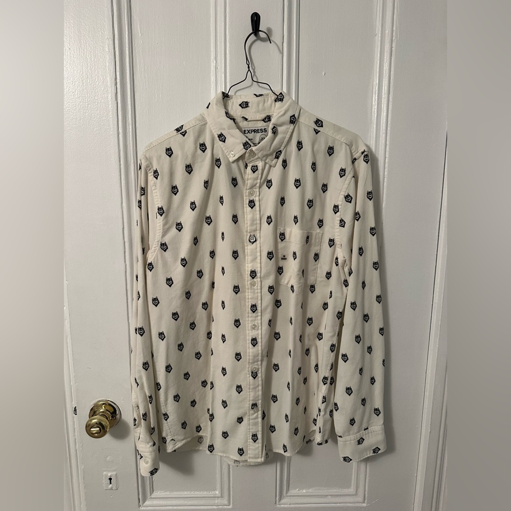 Express Men's Medium Slim Dress Shirt - Wolf Print Design - Off White - New